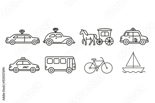 Wedding Transport Icons. Line style icons of wedding transportation: limousine, classic car, horse carriage, vintage car, taxi,