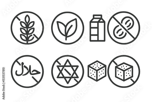 Dietary Restriction Icons. Line style icons of dietary restrictions: no gluten, vegan, vegetarian, lactose-free, nut-free, halal,