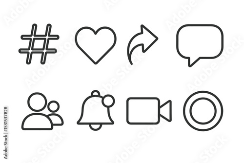 Restaurant Social Icons. Line style icons of restaurant social media: hashtag, like button, share arrow, comment bubble, followers