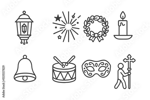 Religious Festival Icons. Line style icons of religious festivals: lantern, firework, wreath, candle, bell, drum, mask, procession