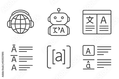 Multilingual Support Icons. Line style icons of multilingual support: globe with headphones, translation chatbot, text expansion