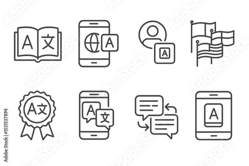 Multilingual Support Icons. Line style icons of multilingual support: educational tools for languages, language selection during