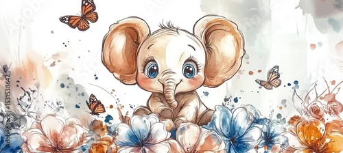 Obraz Uroczy, mały słonik z dużymi uszami i niebieskimi oczami, siedzący w bajkowym ogrodzie pełnym kwiatów i motyli, namalowany w stylu akwareli.