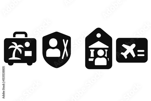 Tourism Icons Collection. Solid style icons of tourism products: trip package, activity badge, tour product, booking card. Solid
