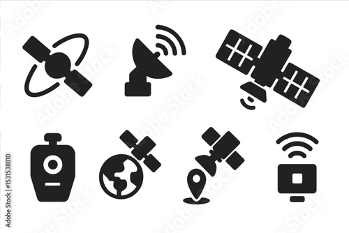 Satellite Icons Collection. Solid style icons of satellites: orbit icon, dish signal, solar panel array, space comm link. Solid