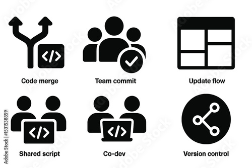 Team Development Icons. Solid style icons of team development: code merge, team commit, dev board, module panel. Solid style of
