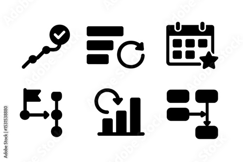 Development Icons Collection. Solid style icons of development timelines: dev path, update tracker, feature schedule, rollout grid