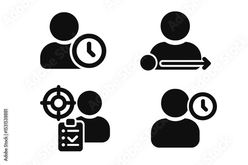 Time Management Icons. Solid style icons of time users: profile clock, user timeline, person with task, time avatar. Solid style