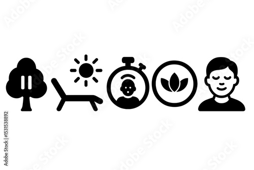 Mindful Break Icons. Solid style icons of mindful break reminders: nature icon with pause, sun over chair icon, breath and break