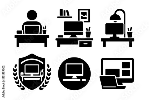 Minimal Workspace Icons. Solid style icons of calm workspace layouts: user at neat desk, organized desktop layout, soft lighting