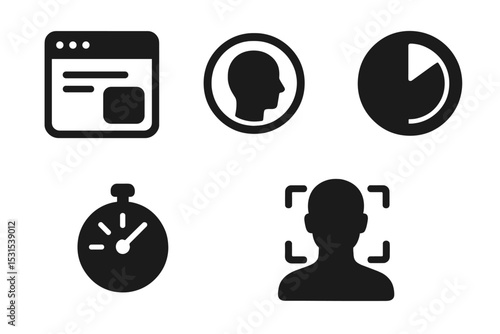 Focus Booster Icons. Solid style icons of gentle focus boosters: soft task highlight, digital focus ring, calm progress meter,