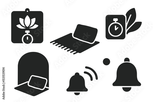 Mindful Break Icons. Solid style icons of mindful break zones: meditation timer on wall, soft rug and pillow, calm zone with timer