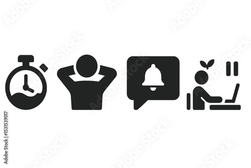 Mindful Break Icons. Solid style icons of mindful work breaks: timer with wave icon, user with relaxed posture, break time