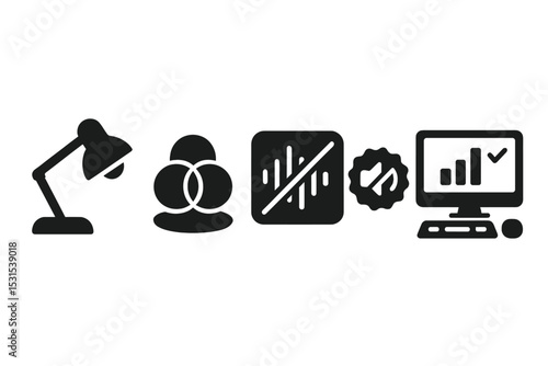 Quiet Workspace Icons. Solid style icons of quiet workspace essentials: task light with soft glow, calming color palette icon,