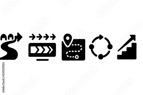 Focus Flow Icons. Solid style icons of focus flow paths: pathway with focus lights, progress meter with arrows, digital journey