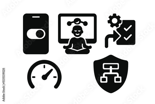 Mindful Workflow Icons. Solid style icons of mindful workflow automation: app with automation toggle, calm workflow dashboard,