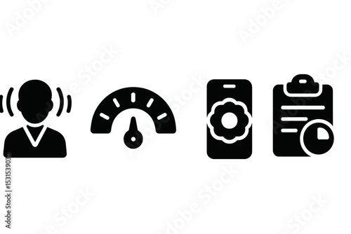 Mindful Digital Icons. Solid style icons of mindful digital serenity: user with calm aura, flow state meter, gentle focus badge,