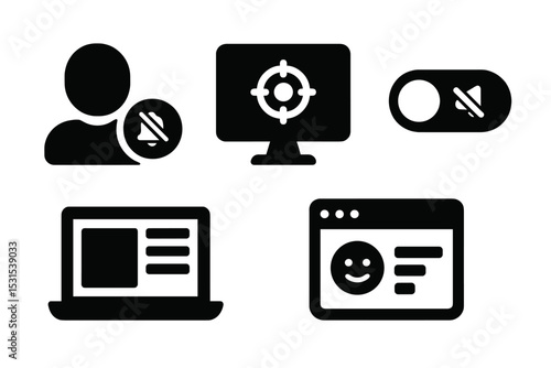 Quiet Workspace Icons. Solid style icons of quiet digital workspaces: user with quiet mode badge, focus mode activation,
