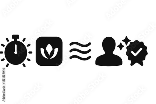 Mindful Digital Icons. Solid style icons of mindful digital harmony: timer with calm rays, app with harmony streak, gentle energy