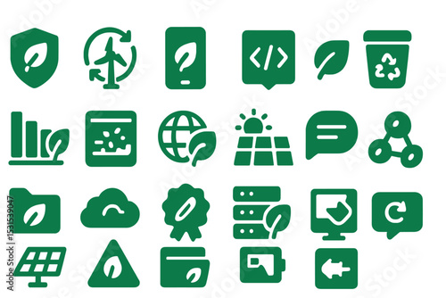 Eco-Friendly Digital Icons. Solid style icons of eco-friendly digital tools: leaf shield badge, renewable energy icon,