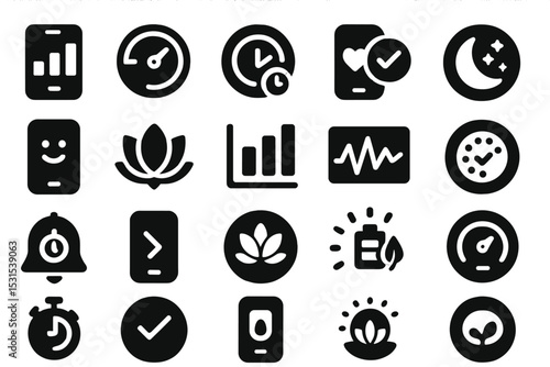 Digital Wellness Icons. Solid style icons of digital wellness trackers: screen time graph, app usage meter, focus timer badge,