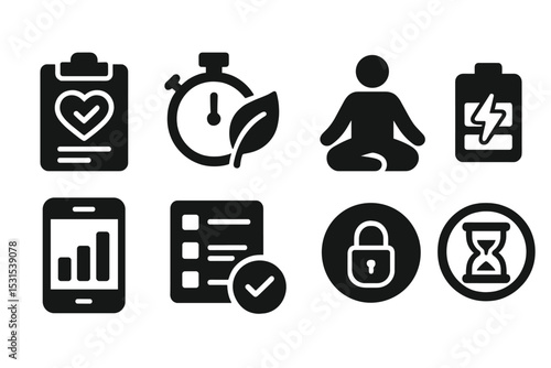 Digital Wellness Icons. Solid style icons of digital wellness trackers: wellness check-in icon, timer with leaf, mindfulness