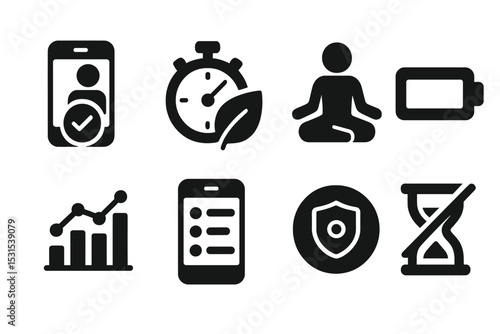 Digital Wellness Icons. Solid style icons of digital wellness trackers: wellness check-in, timer with leaf, mindfulness session