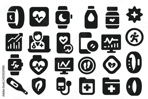 Smart Health Icons. Solid style icons of smart health monitoring: wearable fitness tracker, heart rate monitor, sleep tracker