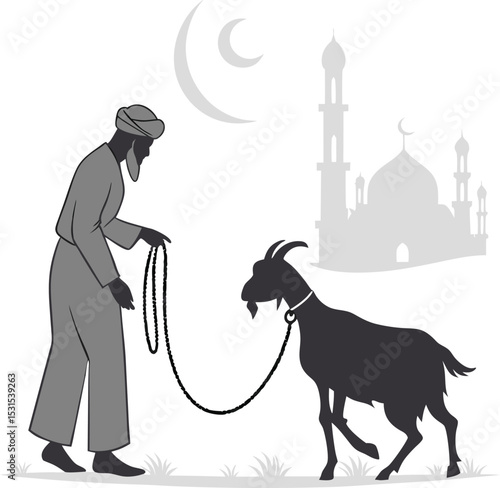 eid al adha muslim man with goat near mosque