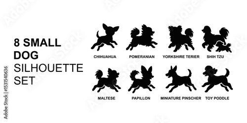 Vector Silhouettes of Various Dog Breeds Including Chihuahua Pomeranian Yorkshire Terrier Shih Tzu Maltese Papillon Miniature Pinscher Toy Poodle