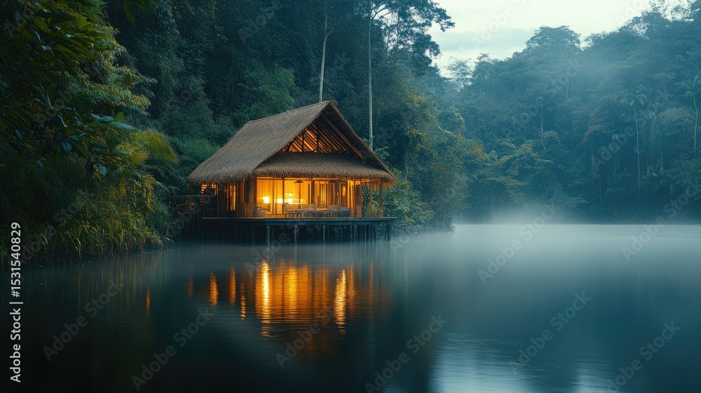 Tranquil lakeside cabin at dusk Tranquil lakeside cabin at dusk