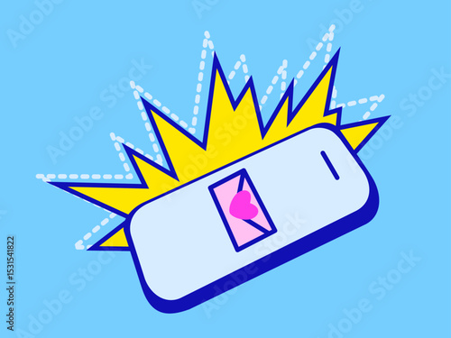 Hand drawn cute illustration of ringing smartphone. Flat vector groovy  telephone sticker in simple colored doodle groovy style. New love message notification concept on smartphone. New email pop up. 