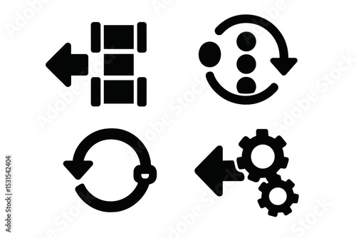 Reversal Icons Suite. Solid style icons of command flow reversal: data pipeline back, queue reset, reversed sync icon, processing