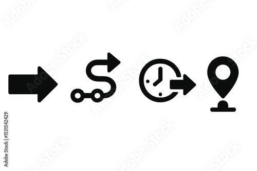 Progression Icons. Solid style icons of progression and future flow: process arrow, roadmap arrow, go to future icon, next