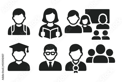 Educational Role Icons. Solid style icons of educational user roles: student icon, teacher avatar, parent profile, classroom group