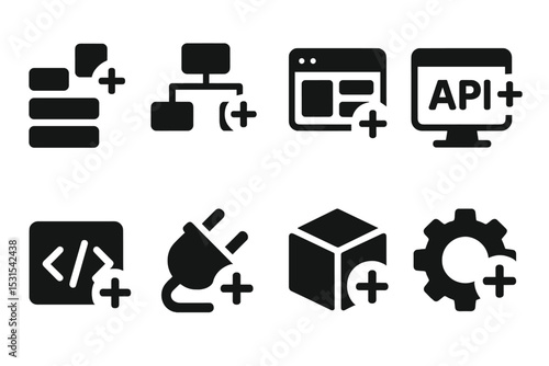 App Development Icons. Solid style icons of app development tools: add component icon, module add, interface block +, API add icon