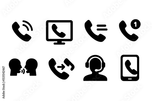 Remote Call Icons. Solid style icons of remote calls: phone call icon, VOIP icon, call log, missed call badge, voice communication