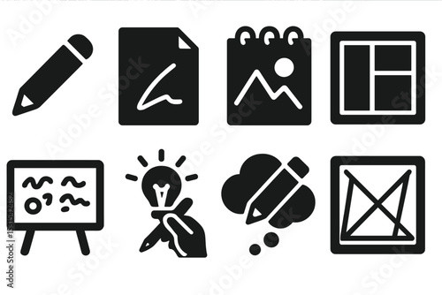 Sketching Tools Icons. Solid style icons of sketching educational content: digital pencil, outline concept, sketchpad icon, layout
