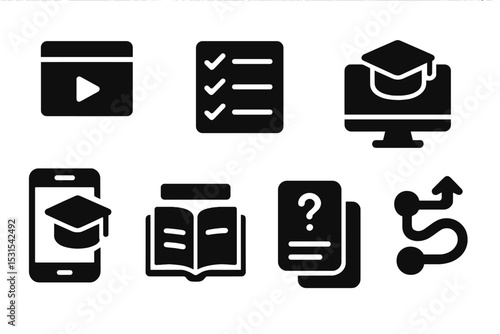In-App Learning Icons. Solid style icons of in-app learning: course module icon, lesson checklist, e-learning tile, mobile study