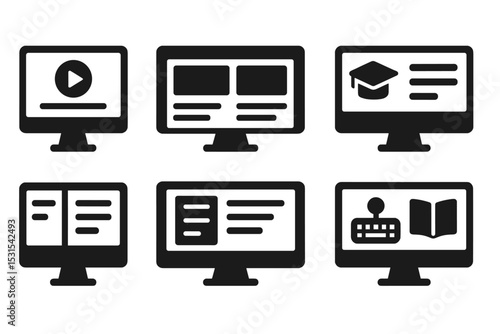 Desktop Learning Icons. Solid style icons of desktop learning views: monitor with course icon, wide layout screen, LMS on desktop,