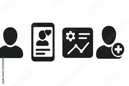 Healthcare User Icons. Solid style icons of user experience in healthcare: patient avatar, health app profile, custom dashboard,