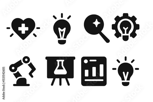 Health Tech Innovation Icons. Solid style icons of innovation in health tech: health spark, breakthrough bulb, discovery icon,