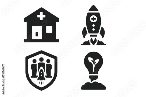Health Startup Icons. Solid style icons of health startups: clinic launch, medtech rocket, startup badge, innovation hub. Solid