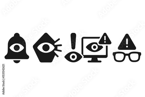 Eye Strain Alert Icons. Solid style icons of eye strain alert: reminder with eye icon, eye on blue light warning, blinking alert