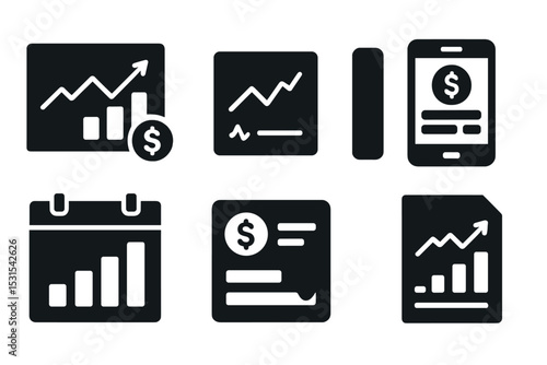 Solid Finance Icons. Solid style icons of finance dashboards: finance board, chart widget, total balance, overview screen. Solid