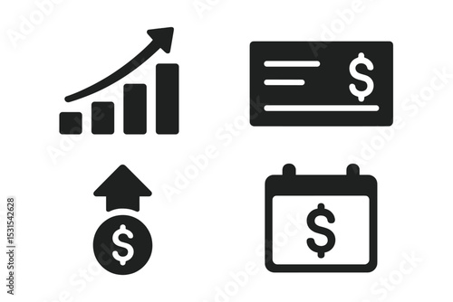 Income Tracking Icons. Solid style icons of income tracking: salary bar, paycheck icon, money inflow, pay calendar. Solid style of