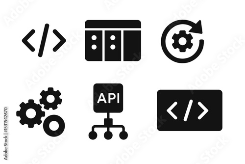 Project Development Icons. Solid style icons of project development: code tag, deployment board, update panel, dev mode. Solid