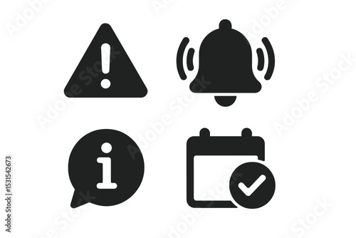 Project Notification Icons. Solid style icons of project notifications: alert icon, bell ring, info popup, reminder badge. Solid