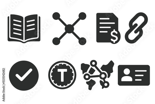 Blockchain Icon Set. Solid style icons of blockchain for projects: smart ledger, decentralized node, transaction file, chain panel