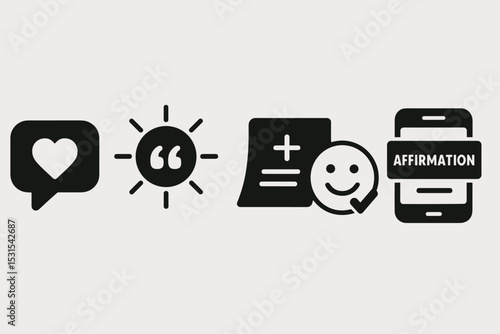 Daily Affirmation Icons. Solid style icons of daily affirmation: speech bubble with heart, sun with quote badge, positive note